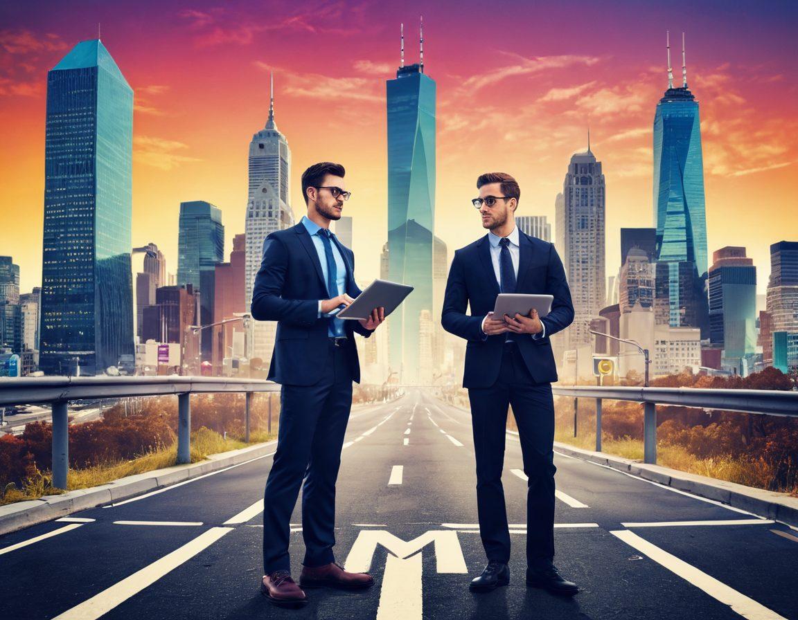 A professional individual standing confidently at a crossroads, holding a laptop and a megaphone, symbolizing blog marketing strategies. In the background, a vibrant city skyline represents personal branding success. Infographics and digital icons swirl around, illustrating concepts of growth and engagement. The overall atmosphere is inspiring and motivational. super-realistic. vibrant colors. 3D.