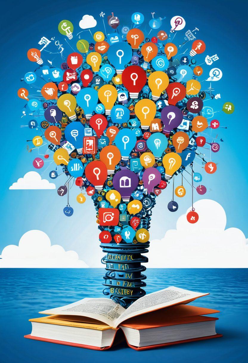 A whimsical scene depicting a towering key unlocking a massive digital diary, surrounded by vibrant social media icons and colorful lightbulbs representing ideas. In the background, a flowing river of words and images symbolizes creativity and connectivity, all set against a bright blue sky that inspires growth and exploration. super-realistic. vibrant colors. white background.