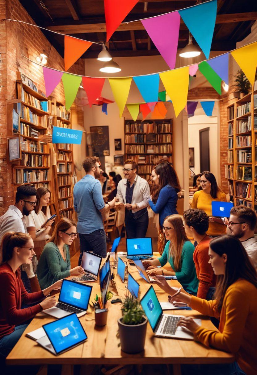 A vibrant digital landscape depicting a diverse group of bloggers engaging in a lively networking event, with colorful banners showcasing various niches, surrounded by laptops, books, and social media icons. The atmosphere is filled with energy as connections are being made, symbolizing the transition from niche blogging to a wider community. Include bright colors and dynamic poses to convey excitement. super-realistic. vibrant colors. 3D.